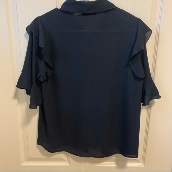 TAHARI Navy Ruffle Trim Button Front 100% Polyester Blouse - Picture 2 of 6